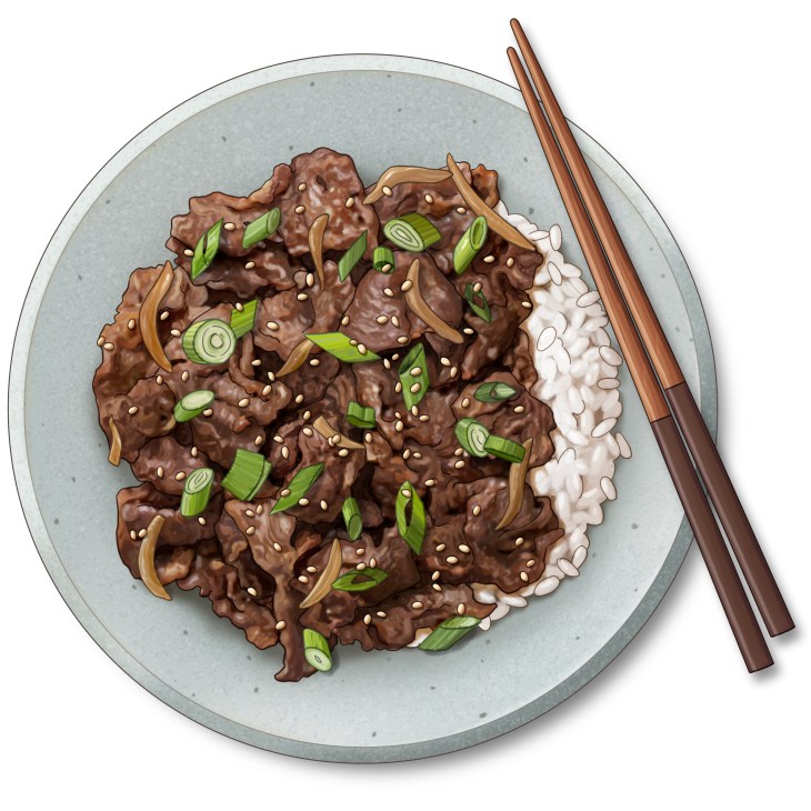Korean bulgogi beef served over rice with sesame seeds and green onions