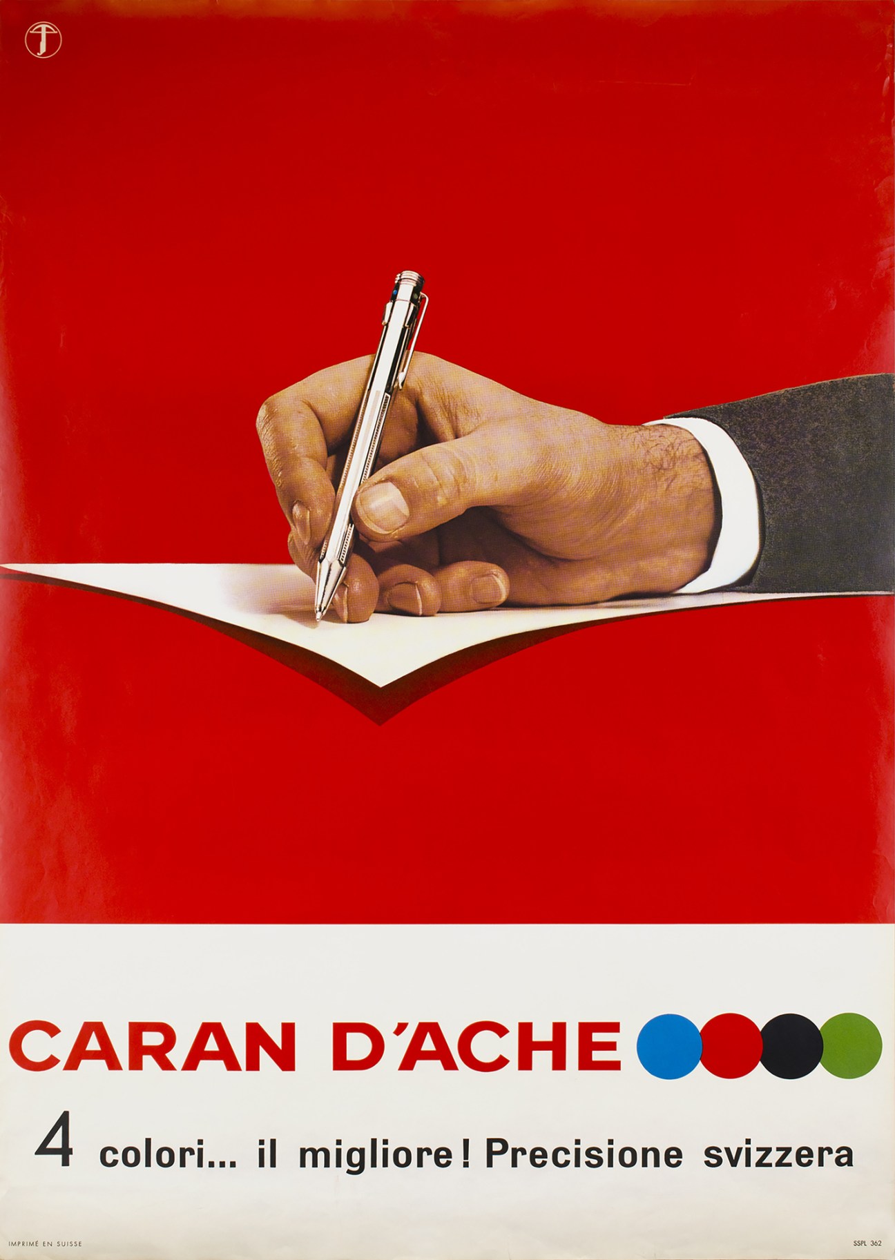 1960s Reymond Zahler poster for Caran d'Ache featuring hand writing with pen on red background