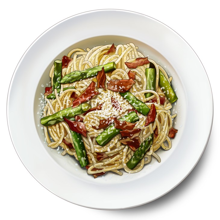 Bowl of asparagus carbonara pasta with spaghetti, green asparagus pieces, crispy prosciutto and grated parmesan cheese