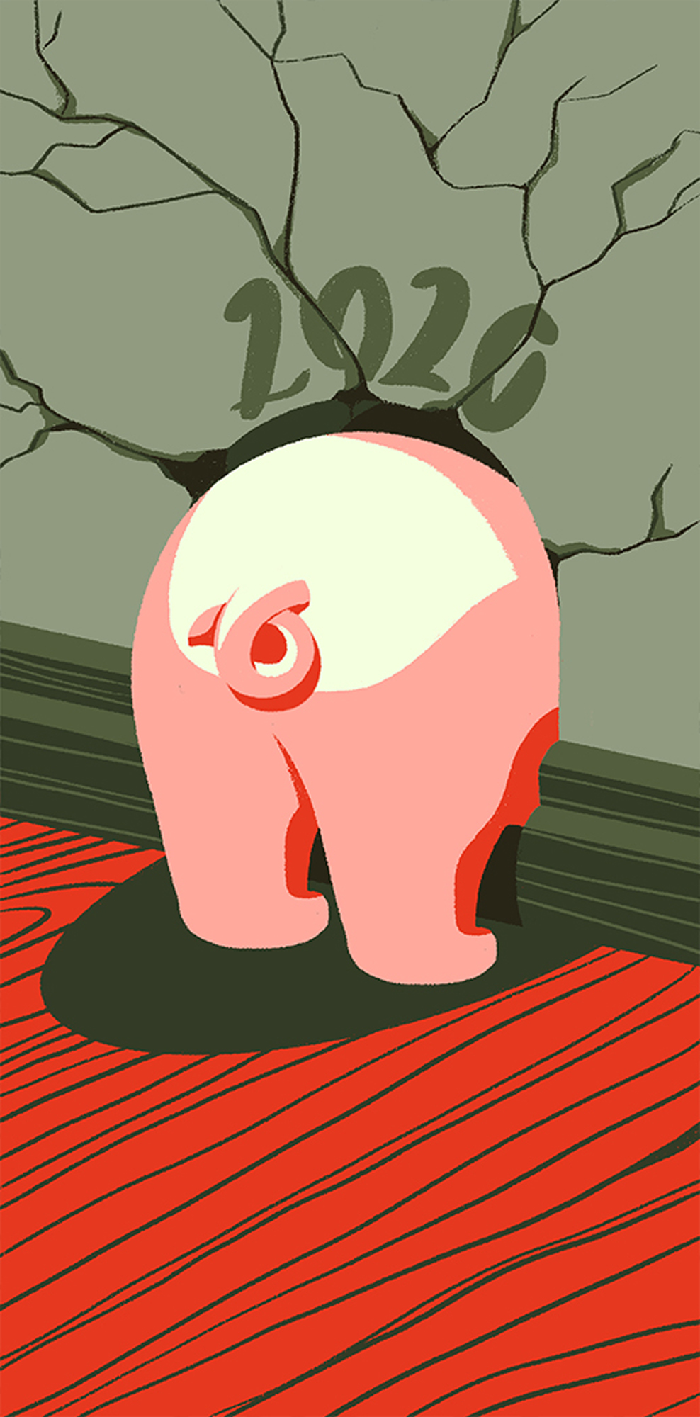 Illustration of a pig burying its head in the ground as cracks spread above with the number 2020