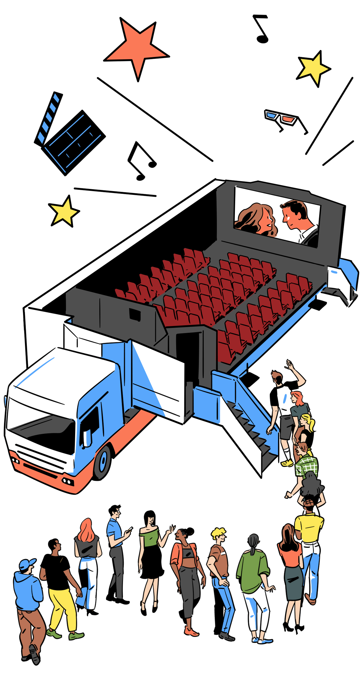 Cinémobile mobile cinema truck with wings extended revealing red theater seats with crowd of people gathered outside