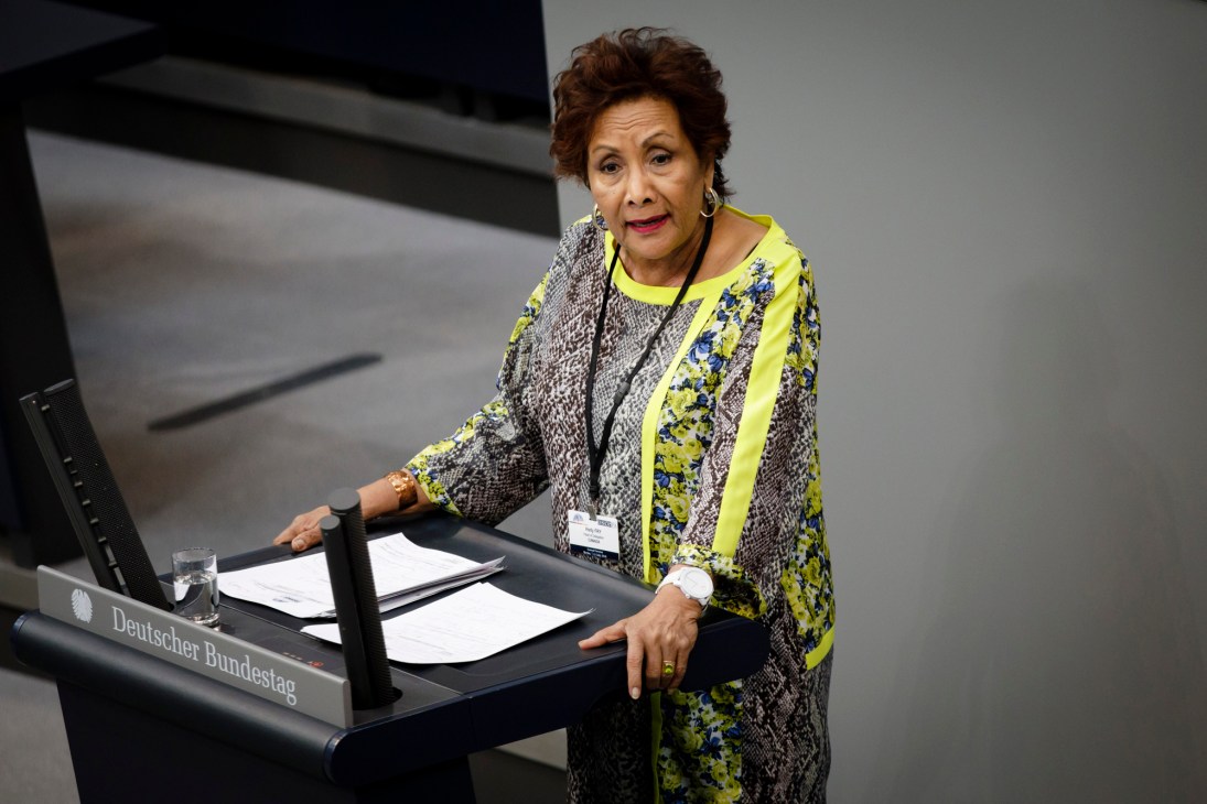 Dr Hedy Fry, Canada's longest-serving female MP, speaking at the German Bundestag podium.