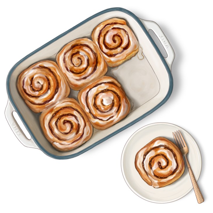 Apple cinnamon swirl pastries with white glaze in baking dish and on plate