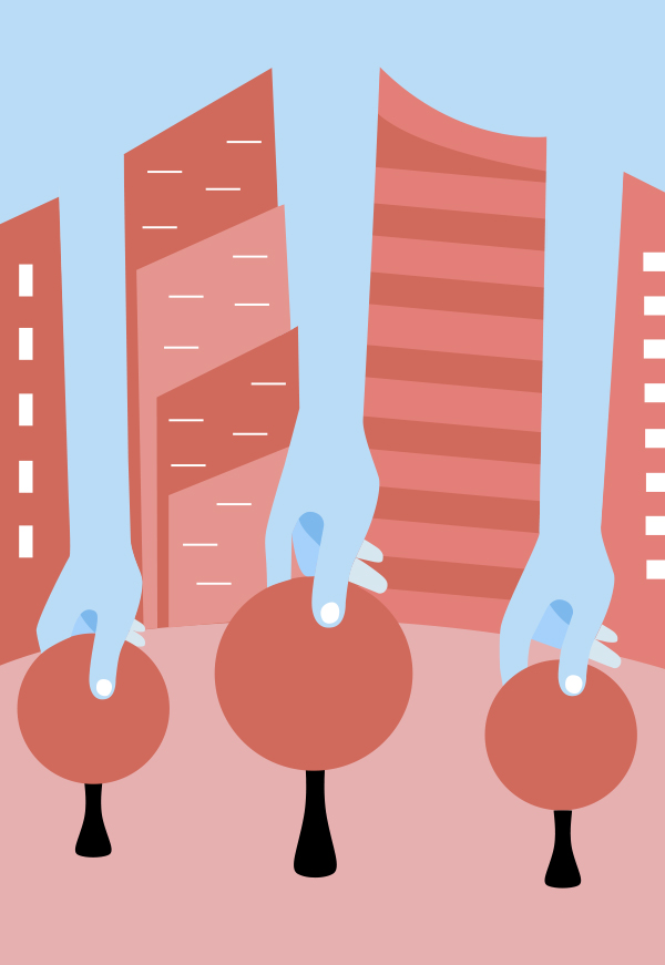Stylized illustration of three hands holding round objects in front of coral-colored buildings