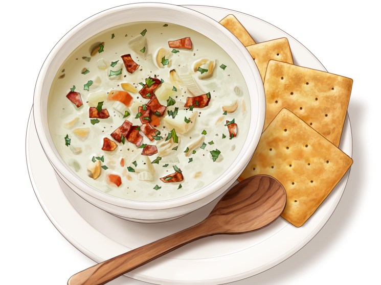 A bowl of creamy clam chowder with bacon pieces and herbs, served with saltine crackers on a white plate