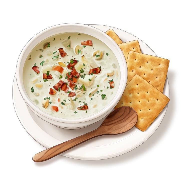 A bowl of creamy clam chowder with bacon pieces and herbs, served with saltine crackers on a white plate