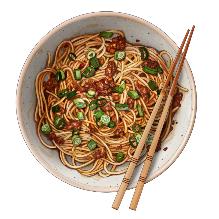 Bowl of dan dan noodles with spicy sauce, minced pork, and garnishes