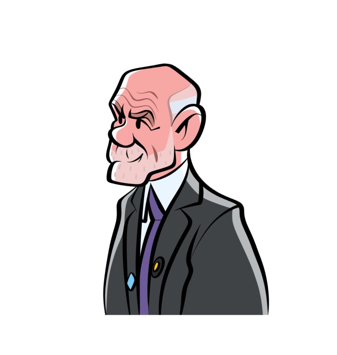 Illustration of an older man with receding hair wearing a dark suit and purple tie