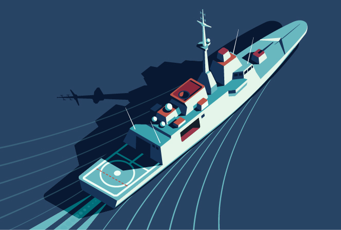 Stylized illustration of a naval destroyer ship cutting through dark blue waters with wake trails behind it