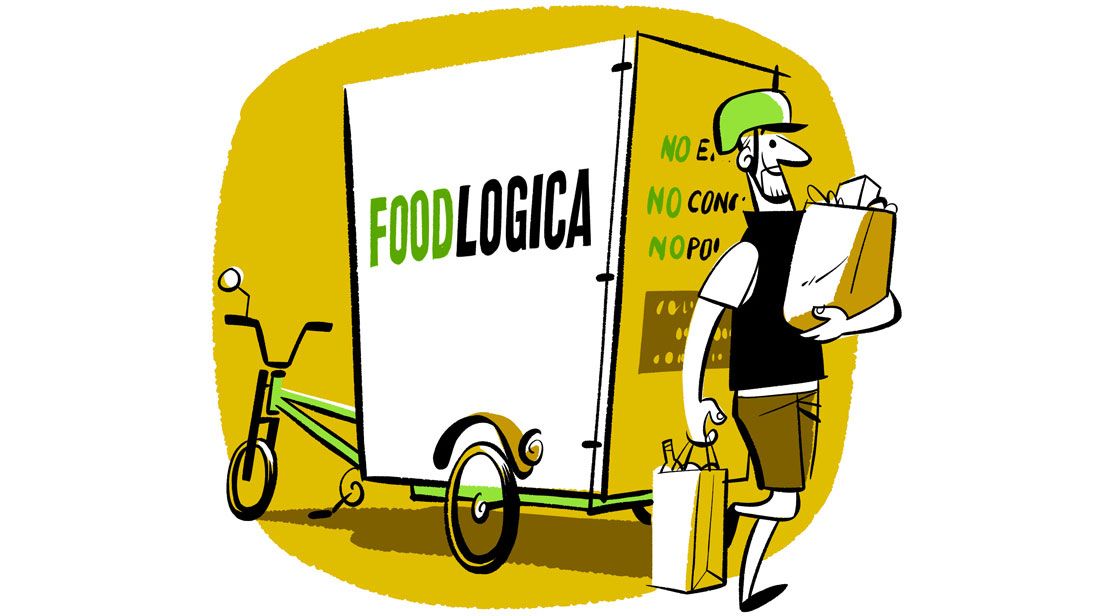 Illustration of Foodlogica's electric cargo bicycle with refrigerated box and delivery person in yellow and green.