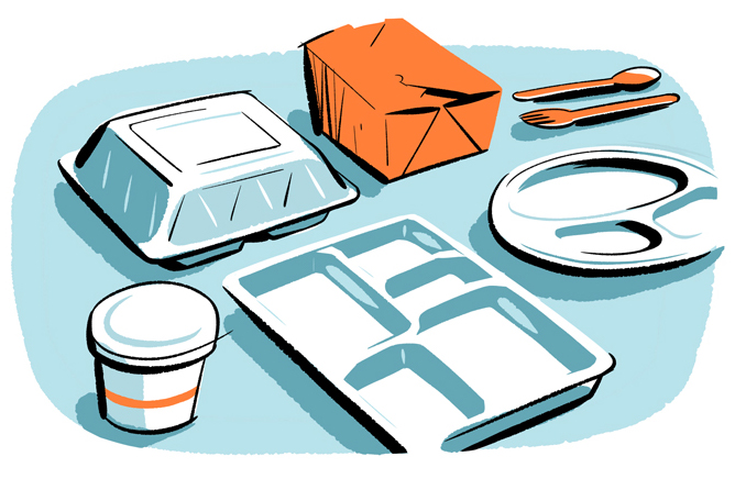 Illustration of eco-friendly food packaging including biodegradable takeaway boxes, containers, and utensils on a blue background.