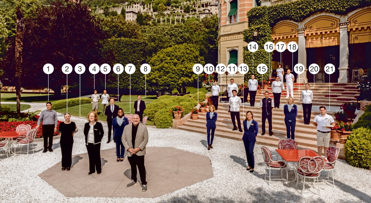 Villa Feltrinelli staff and management team posing outside the hotel, with General Manager Markus Odermatt at the center