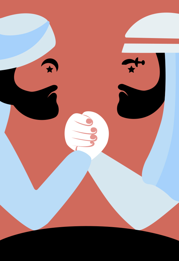 Stylized illustration of two men in traditional Middle Eastern dress shaking hands