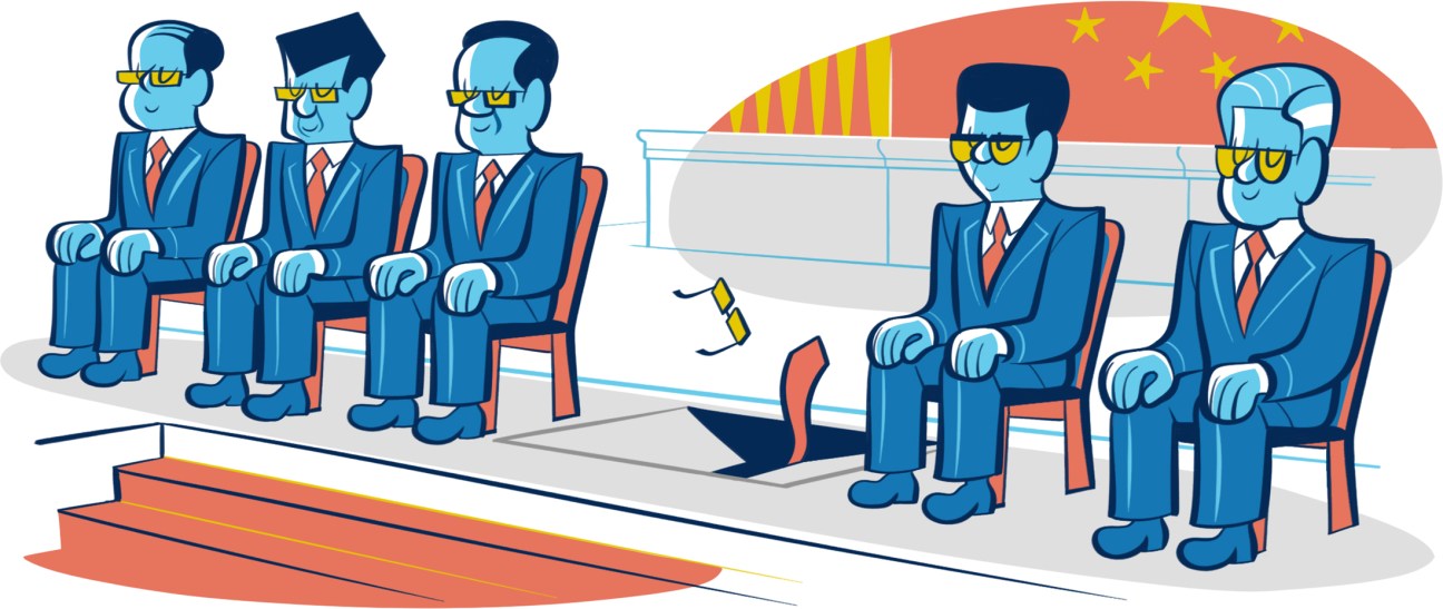 Illustration of diplomats in blue suits sitting across from each other with Chinese flag in background.