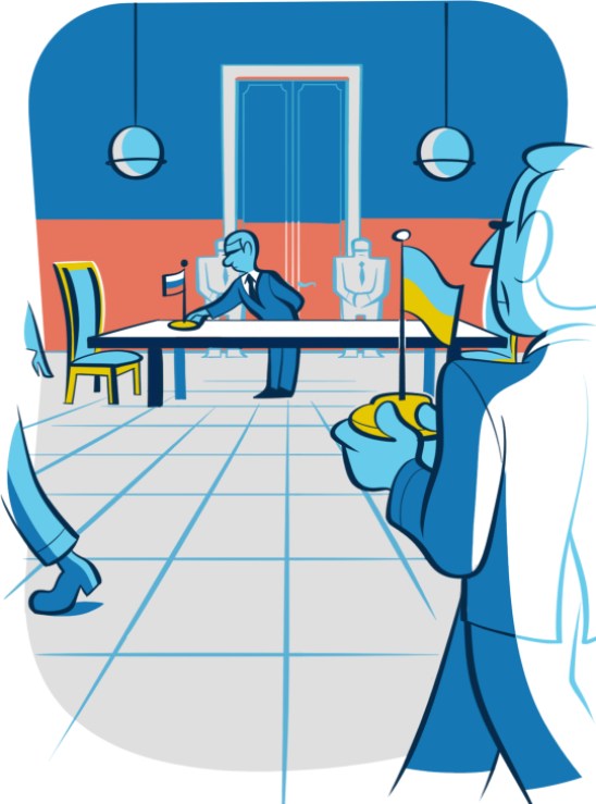 Illustration depicting negotiation concepts and diplomatic meeting arrangements in a stylized graphic design