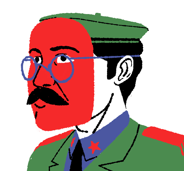 Stylized portrait illustration of a person with mustache wearing glasses and military-style cap