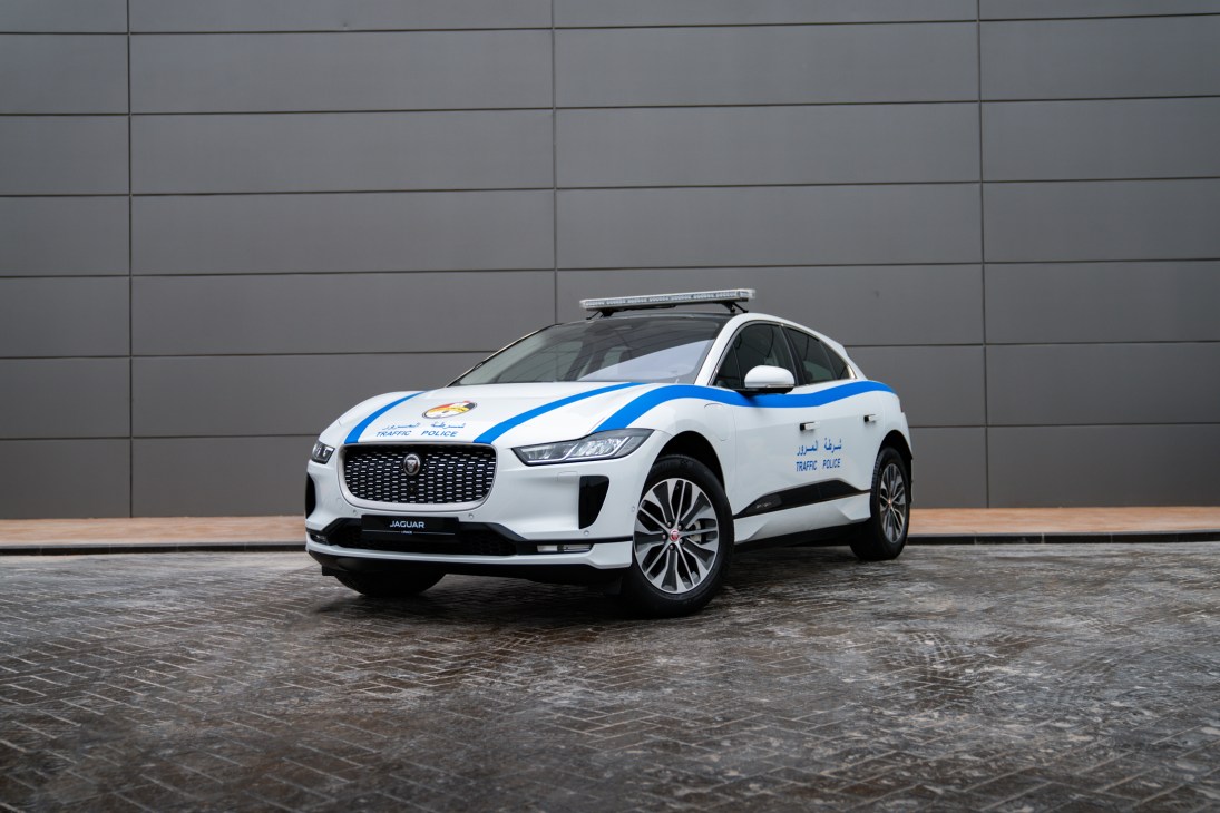 Jaguar I-Pace electric vehicle on display at iqdex defence show in Baghdad