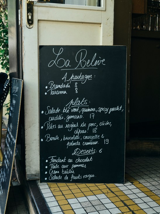 Daily changing menu board at La Relève restaurant