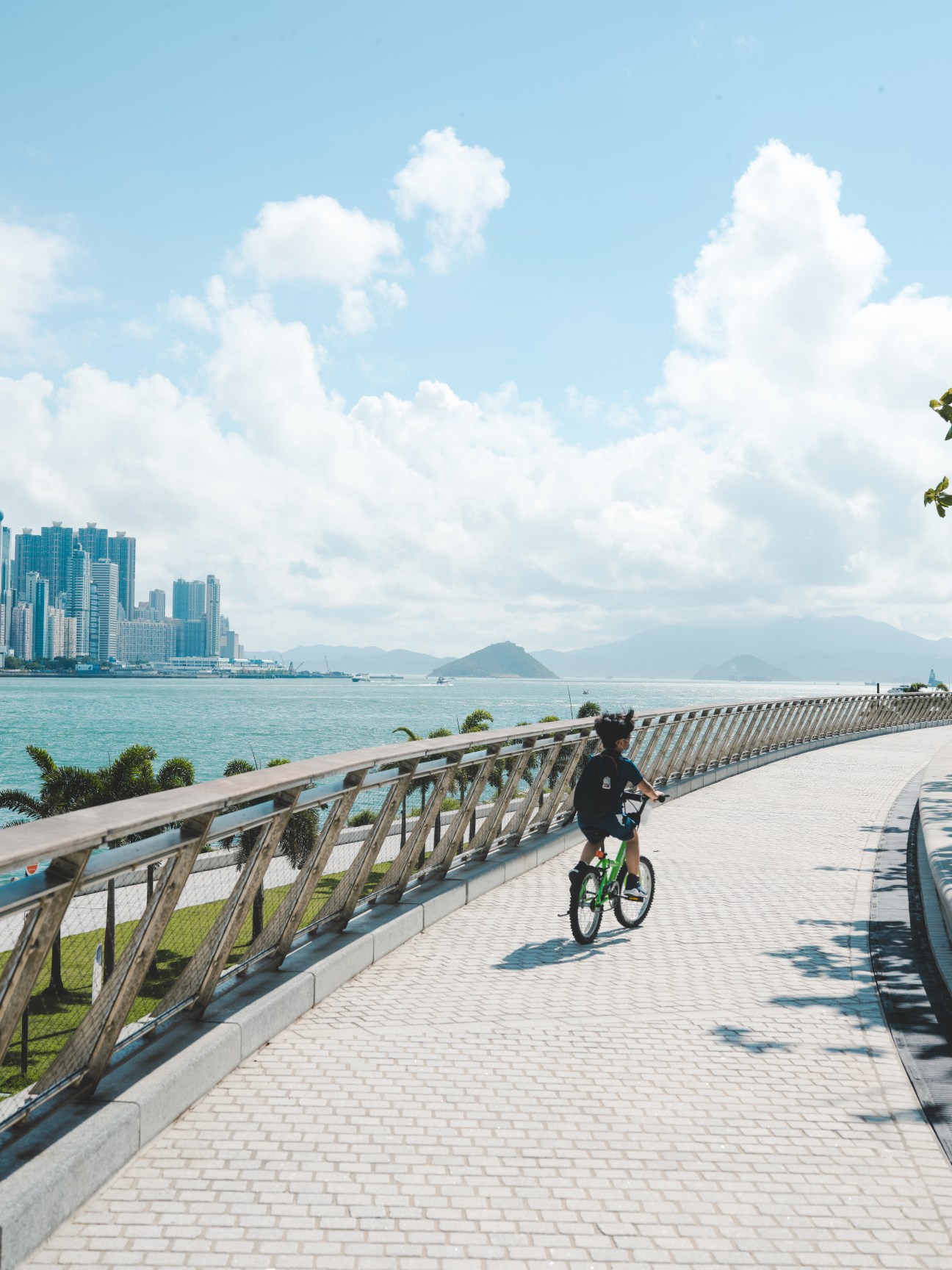 A cyclist rides along a curved walkway with metal railings overlooking Hong Kong's harbor and skyline