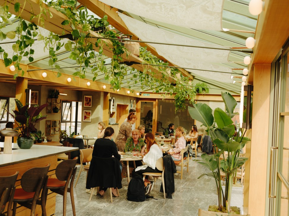 Bright restaurant interior with glass ceiling, hanging plants, string lights and diners at wooden tables