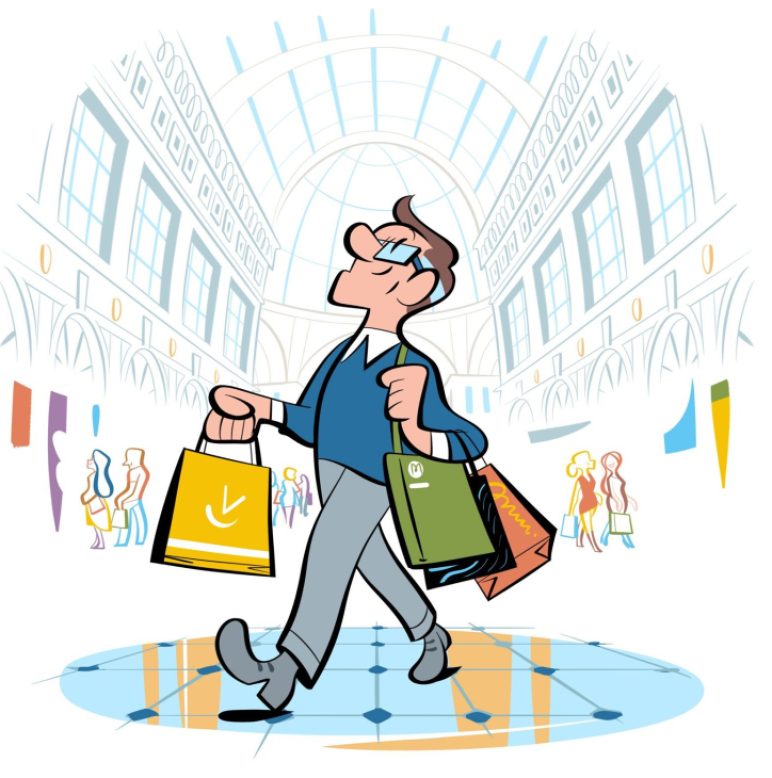 Illustration of a cheerful man in glasses walking through an ornate shopping arcade carrying multiple colorful shopping bags