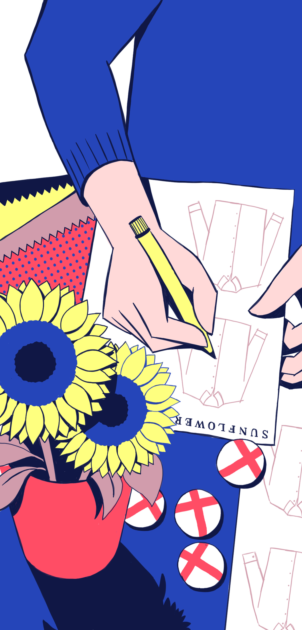 Illustration of hands sketching clothing designs with sunflowers and design swatches.