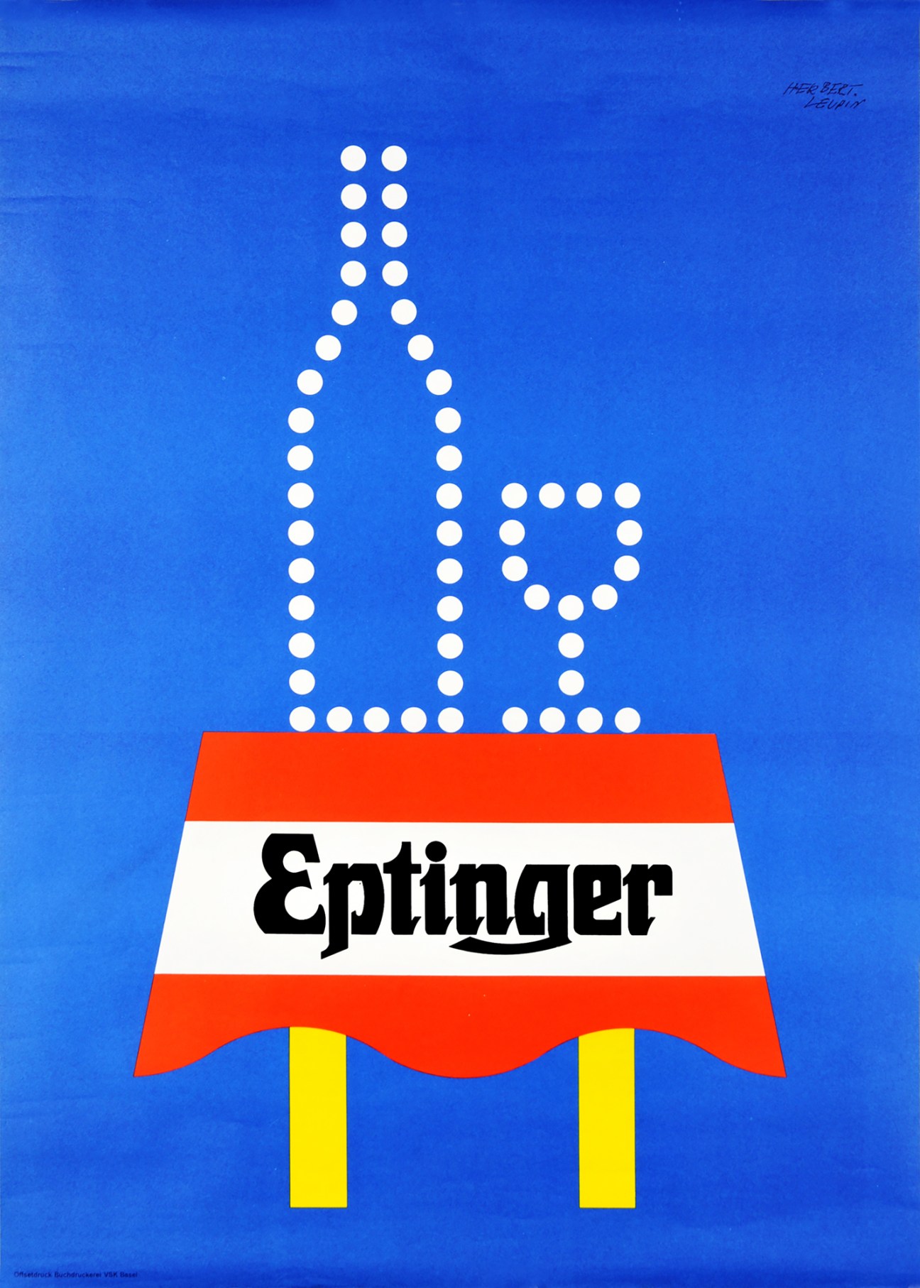 Herbert Leupin 1962 poster for Eptinger sparkling water with white dots forming fountain shape on blue background
