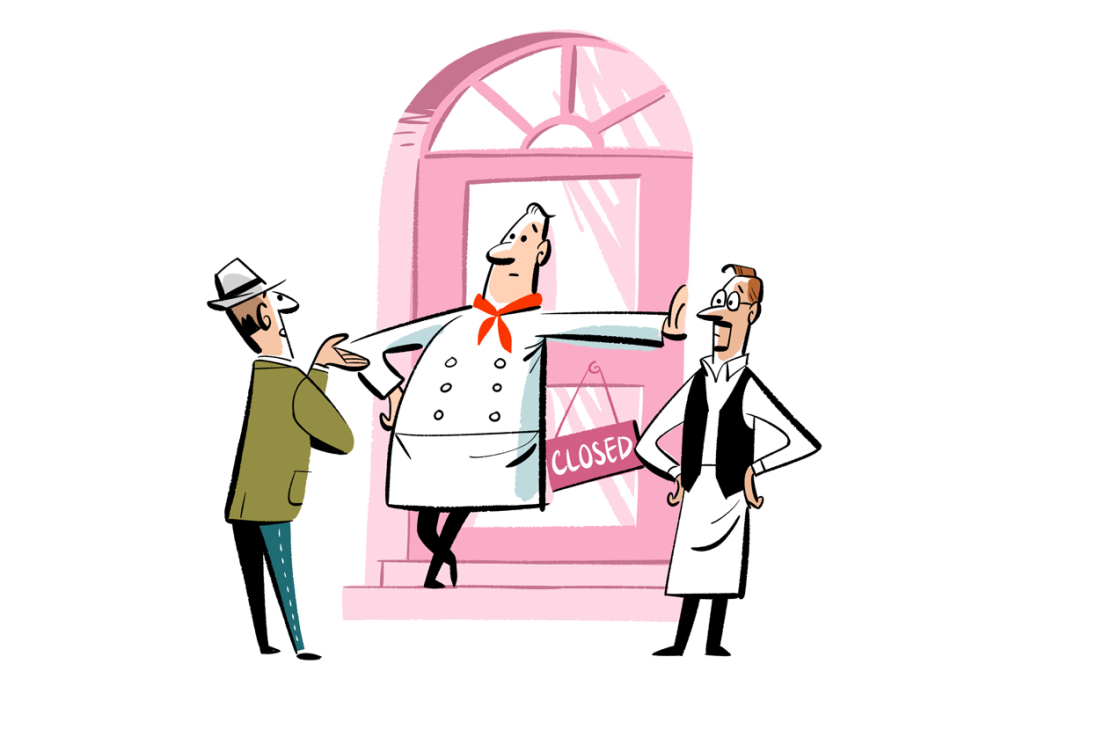 Chef in white uniform and hat holding closed sign outside pink restaurant with disappointed customers waiting