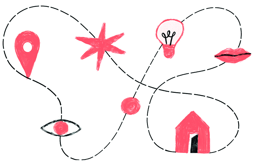 Illustration showing interconnected icons representing business concepts including location pin, star, lightbulb, eye, lips, and a house.