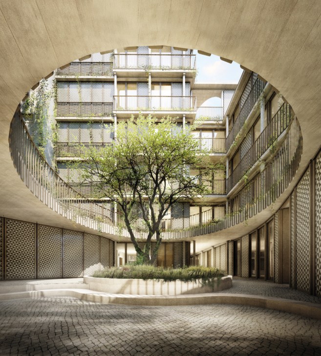 Circular courtyard with tree, surrounded by curved apartment building with balconies and patterned railings.