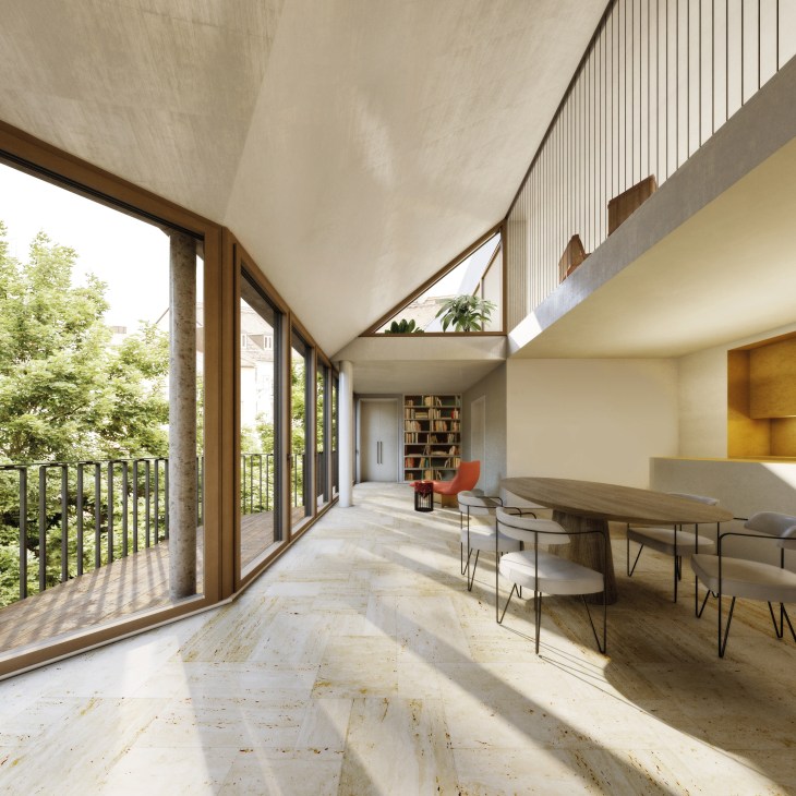 Modern apartment interior with large glass doors opening to a balcony, featuring a dining table, bookshelf, and natural light streaming through angled skylights.