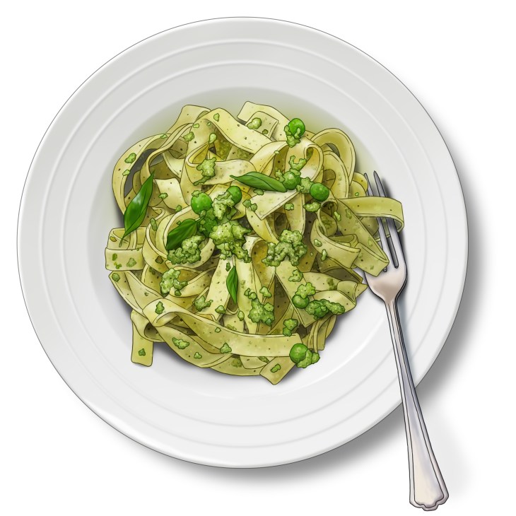 Fettuccine pasta with bright green pea and mint pesto garnished with lime zest and parmesan