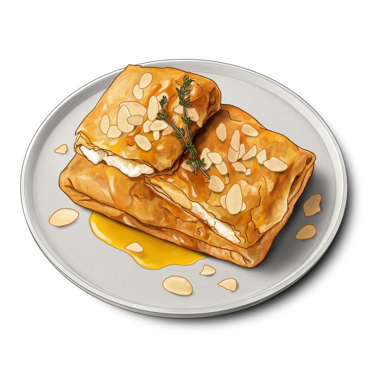Golden filo pastry parcels filled with feta cheese, garnished with thyme and sliced almonds, drizzled with honey