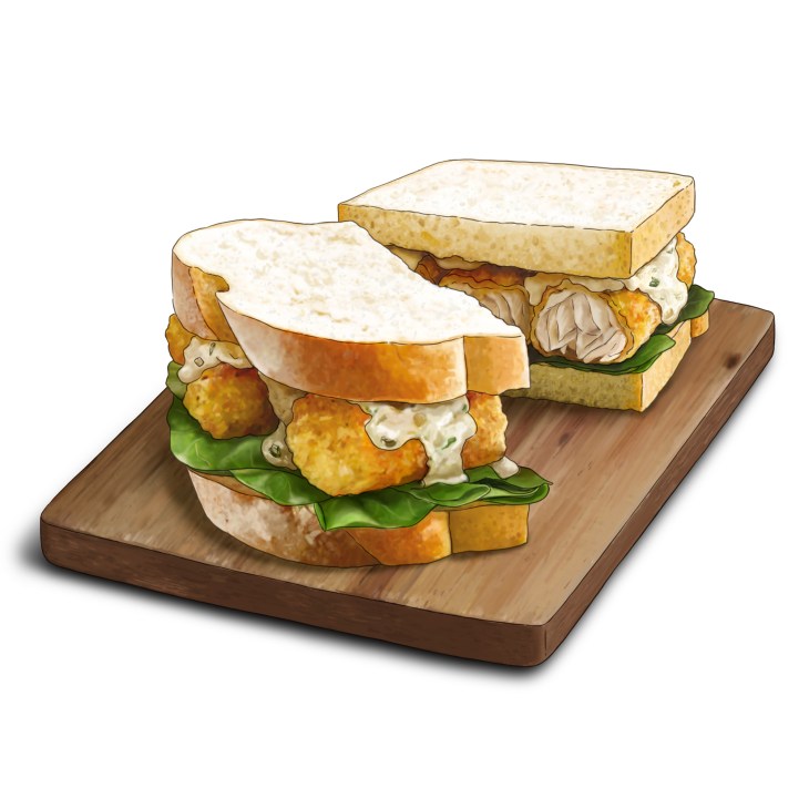 Two illustrated fish finger sandwiches on a wooden cutting board showing golden breaded fish with white bread