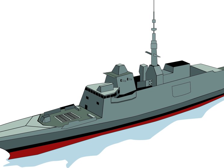 The French navy frigate Lorraine, a Fremm-class warship, rendered as a gray military vessel with distinctive angular design