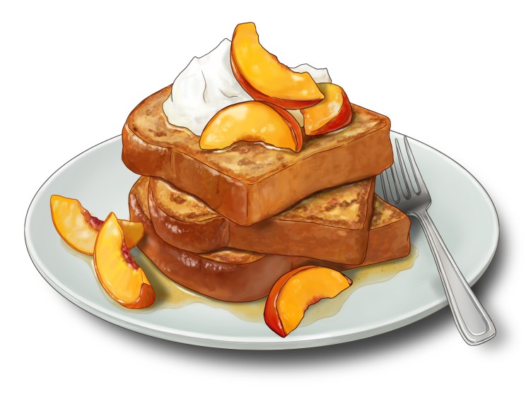 Stack of golden French toast topped with sliced peaches and whipped cream on white plate with fork