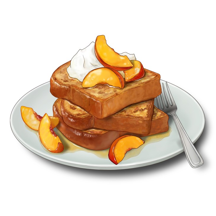 Stack of golden French toast topped with sliced peaches and whipped cream on white plate with fork