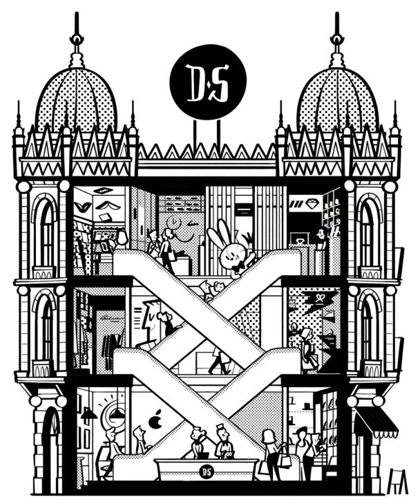 Black and white illustration of a cross-section view of an ornate multi-story department store with shoppers
