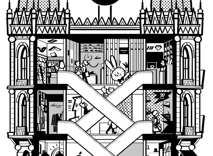Black and white illustration of a cross-section view of an ornate multi-story department store with shoppers