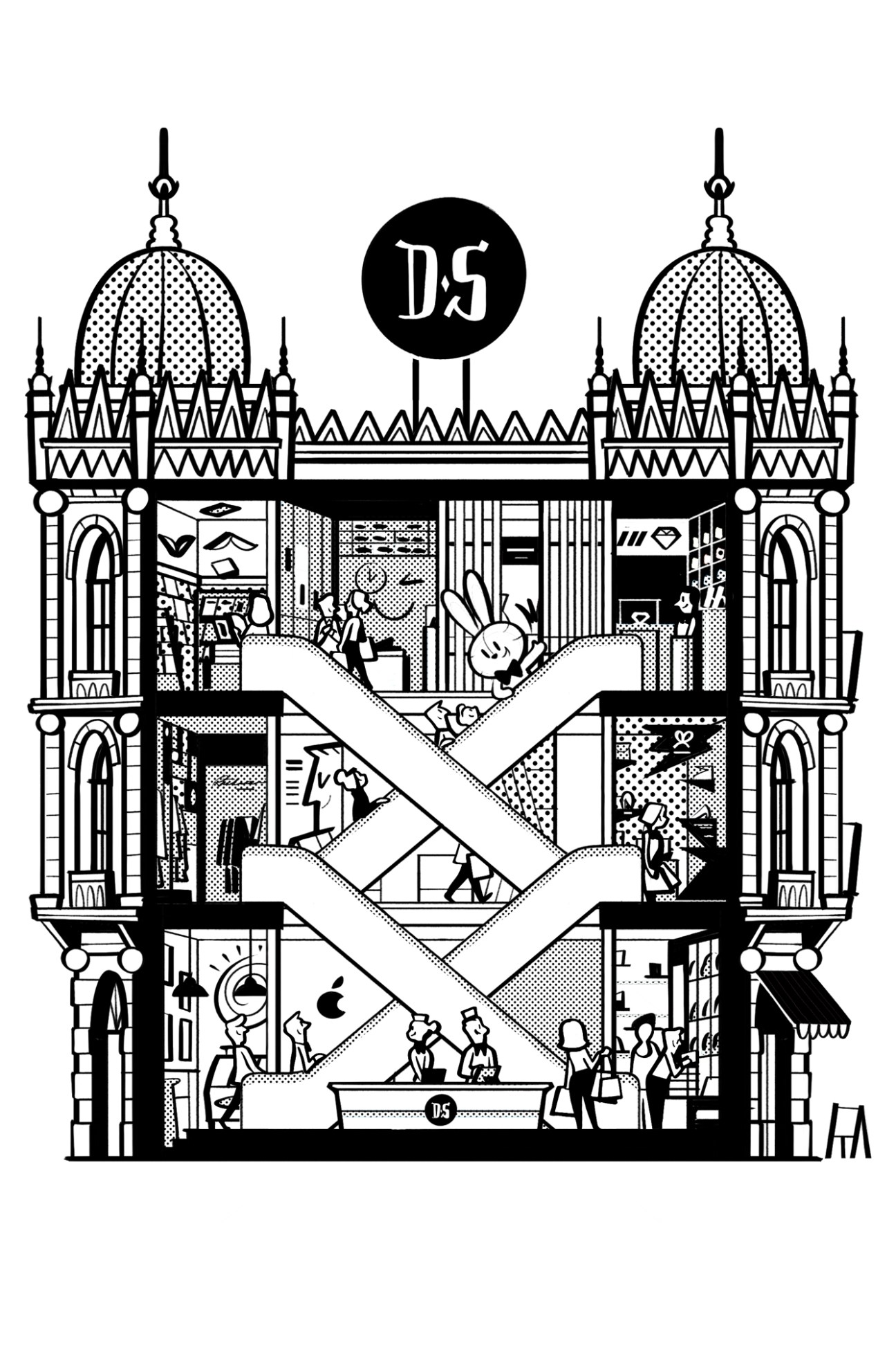 Black and white illustration of a cross-section view of an ornate multi-story department store with shoppers