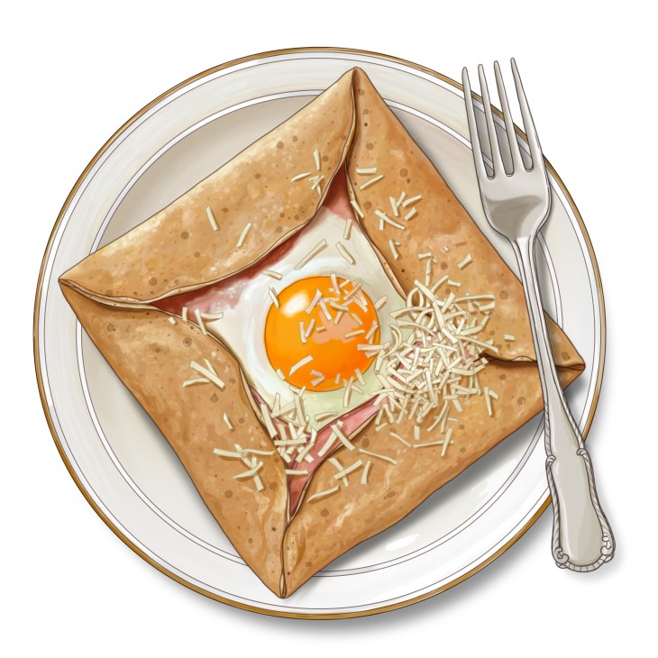 A square-shaped Breton galette with folded buckwheat crepe edges, containing ham, runny egg, and grated cheese on a white plate