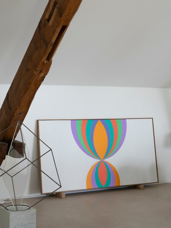Contemporary art installations displayed in Von Bartha gallery's converted garage space with industrial architecture