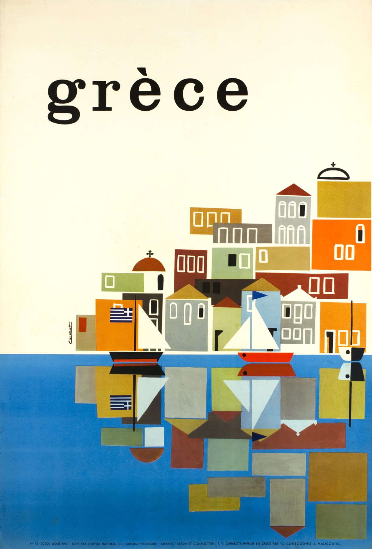 1961 Greece travel poster by Frederick Vincent Carabott featuring geometric buildings and boats reflected in water