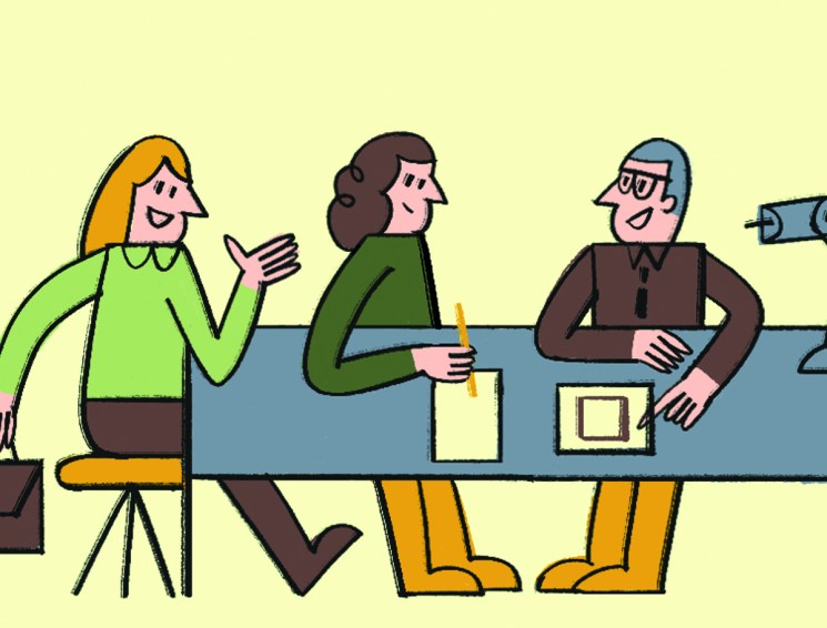 Cartoon illustration of three colleagues meeting at a table with a robot arm nearby.