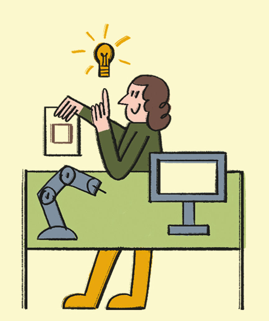 Illustration of woman at desk with computer and robotic arm, lightbulb above head representing innovation