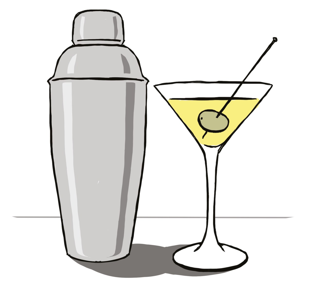 Make a cocktail, picture of a cocktail shaker and martini with an olive