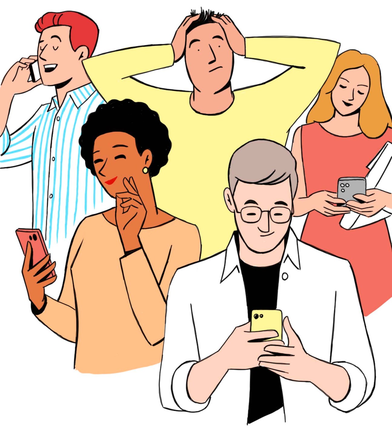 Hang up, picture of a man holding his head in his hands surrounded by four people on devices