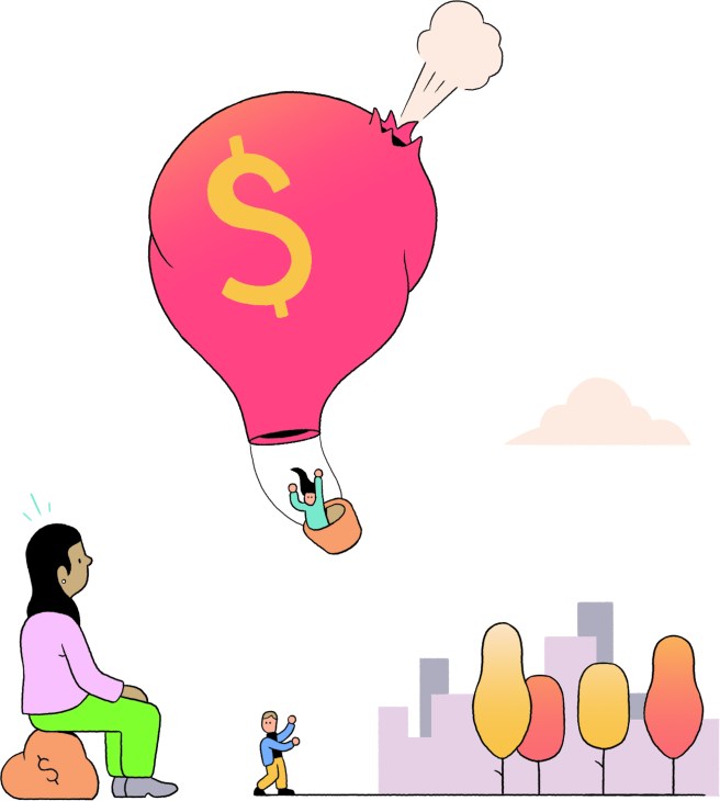 Pink hot air balloon with dollar sign carrying person in basket while woman watches from ground