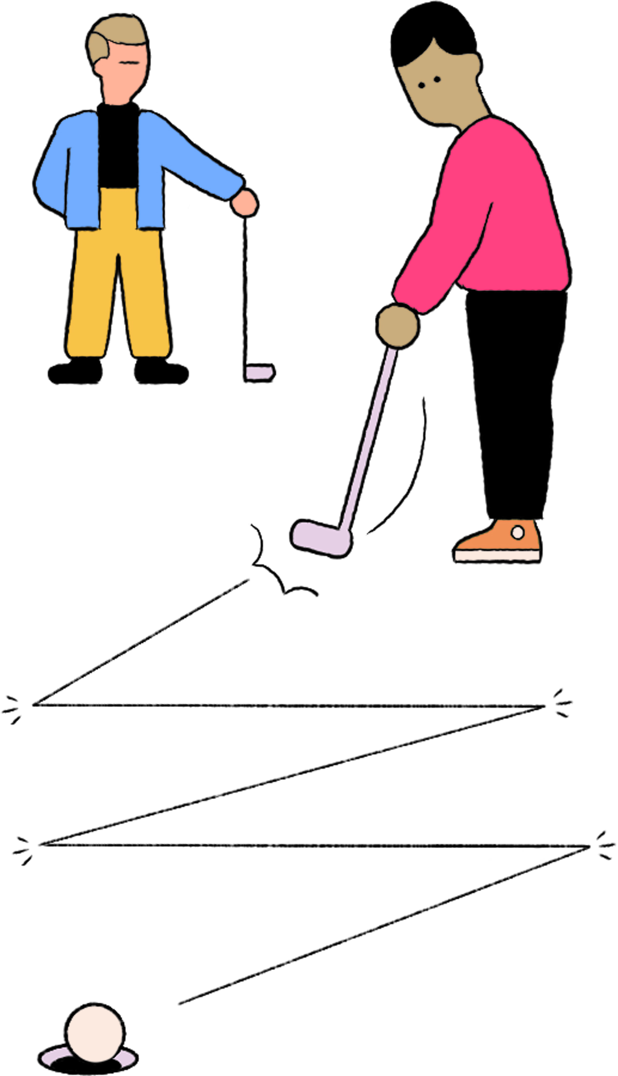 Illustration of two people playing golf on a descending landscape with a ball at the bottom.