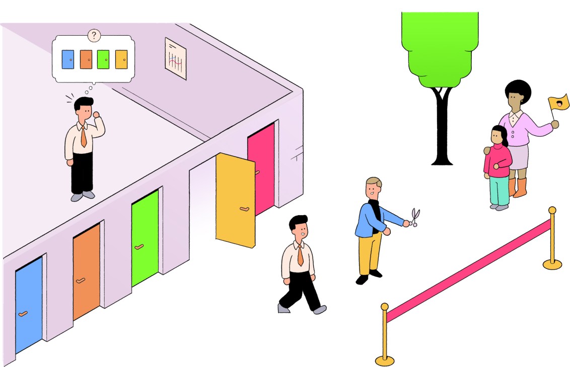 Isometric illustration of office building with colorful doors and people making business decisions
